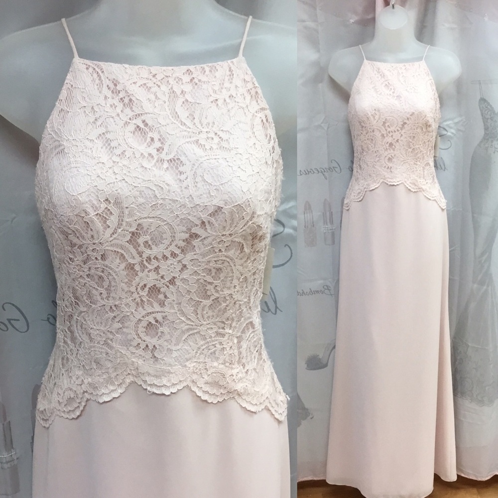 Blush pink long chiffon and lace dress size 10